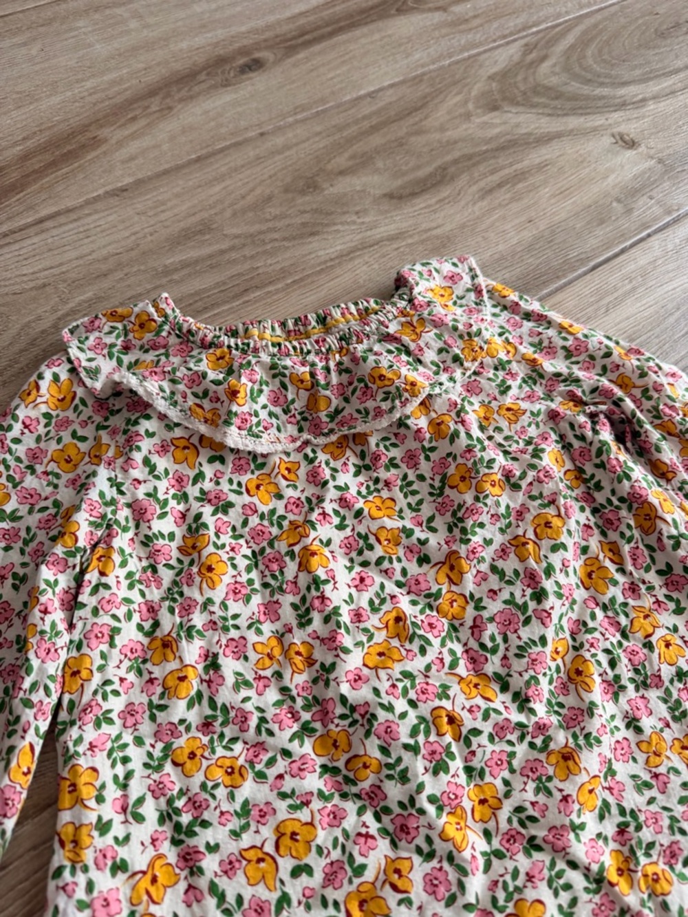 Mini Boden White Floral Ruffle Long-Sleeve Top with Yellow & Pink Flowers - Picture 2 of 4